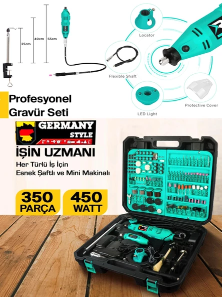Germany Style 350 Parça Çift Makineli Devir Ayarlı 450 Watt Esnek Gravür Makinesi Şaftlı - 2
