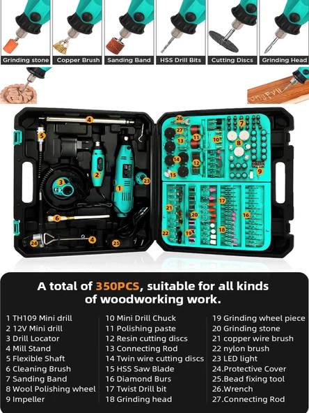 Germany Style 350 Parça Çift Makineli Devir Ayarlı 450 Watt Esnek Gravür Makinesi Şaftlı - 3