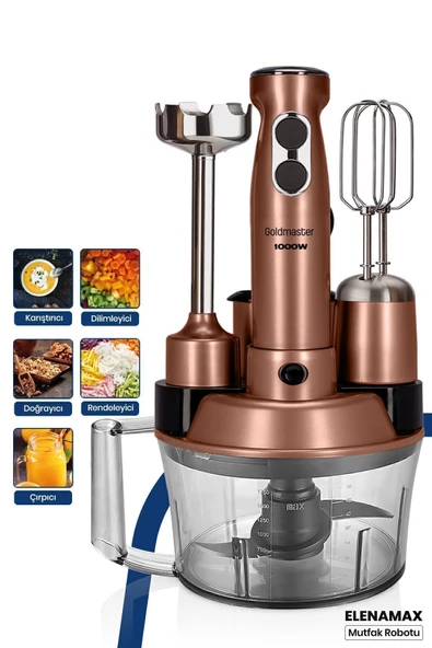 GOLDMASTER Elenamax Gold 1000 Watt Hız Ayarlı %100 Bakır Motor 5 In 1 Mutfak Robotu Multi Blender Seti