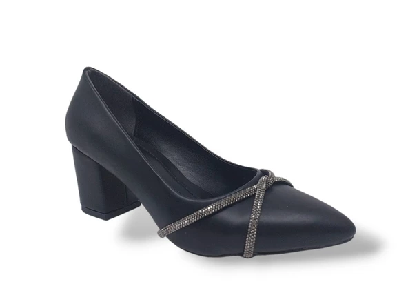 Zerhan 59 Kadın Siyah Taşlı Kalın Topuklu Ayakkabı - Resim 2