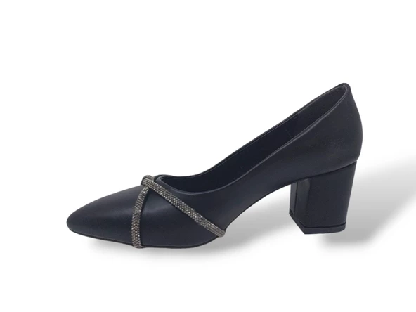 Zerhan 59 Kadın Siyah Taşlı Kalın Topuklu Ayakkabı - Resim 3