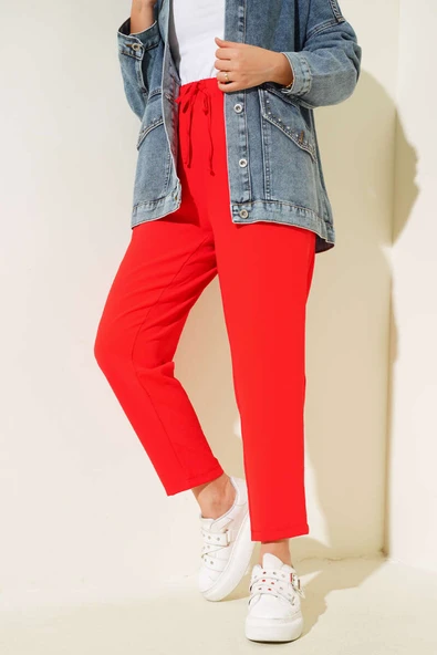 Pens Detaylı Dar Paça Pantolon Kırmızı - 2