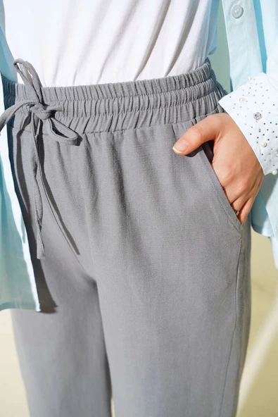 Bel Bağcıklı Paça Püsküllü Pantolon Gri - Resim 4