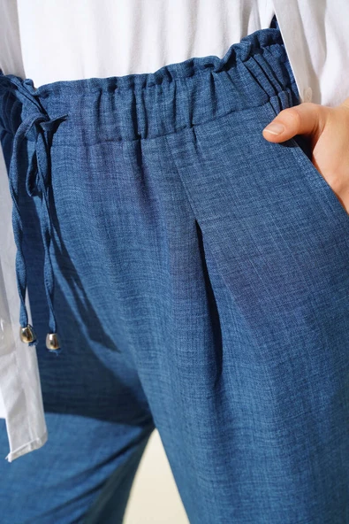 Bel Bağcıklı Havuç Pantolon İndigo - Resim 4