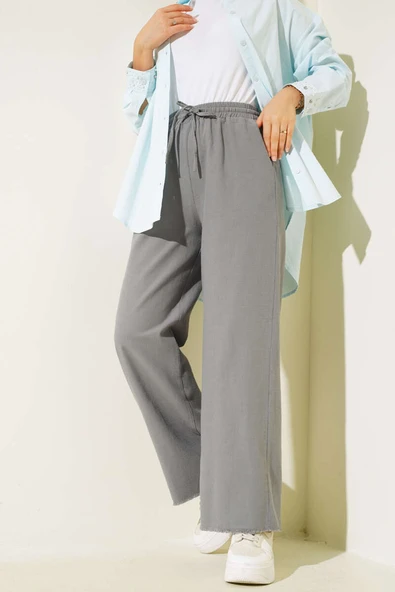 Bel Bağcıklı Paça Püsküllü Pantolon Gri - Resim 2