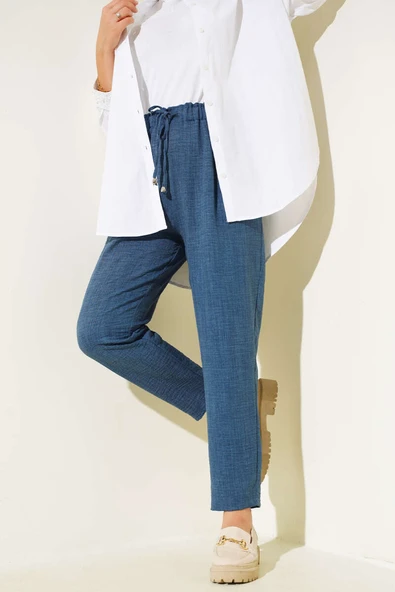 Bel Bağcıklı Havuç Pantolon İndigo ürün görseli 1