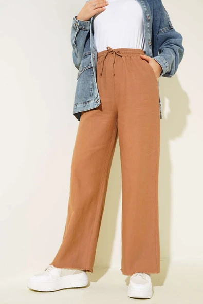 Bel Bağcıklı Paça Püsküllü Pantolon Vizon - Resim 2