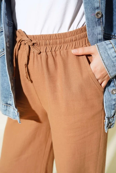 Bel Bağcıklı Paça Püsküllü Pantolon Vizon - Resim 4