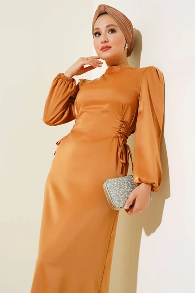 Yanları İp Detaylı Saten Elbise Camel - 2