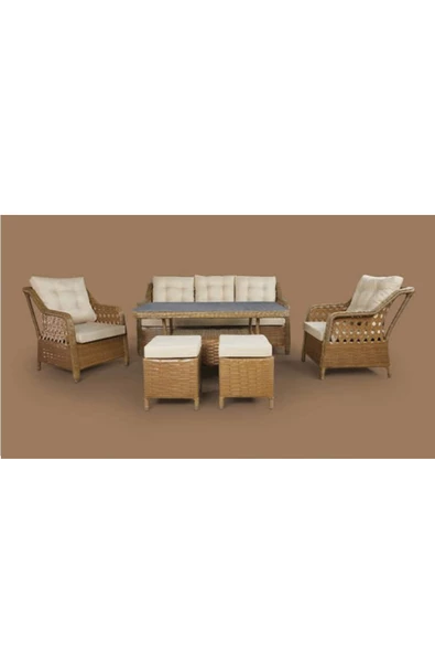 Metal Gövdeli  3+1+1+2puf+masa Rattan Bahçe Balkon Mobilyası, 7 Kişilik Bahçe Takımı