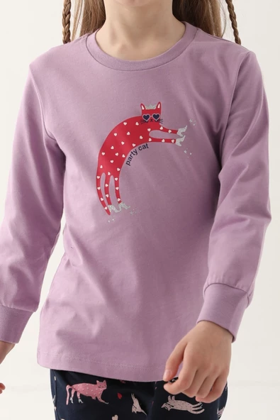 Party Cat Lila Kız Çocuk Uzun Kol Pijama Takım - 2