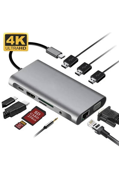 USB Tip C Hub Hdmı SD/TF Kart VGA RJ45 Ethernet 3.5mm Jack 10in1 Çevirici Çoklayıcı Adaptör