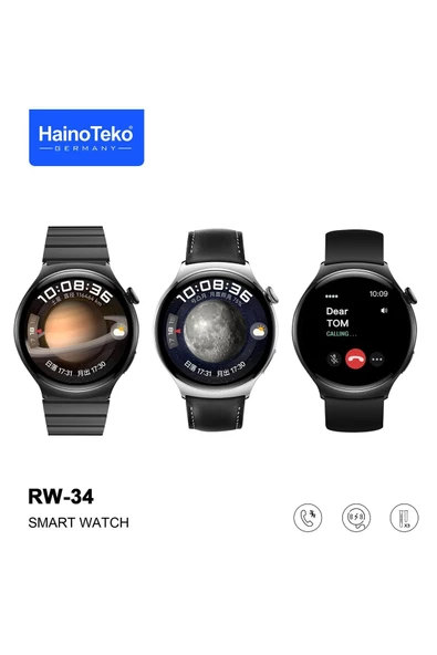 Haino Teko RW-34 Amoled Ekran Silikon Deri Çelik 3 Kordonlu Akıllı Saat ( Siyah )