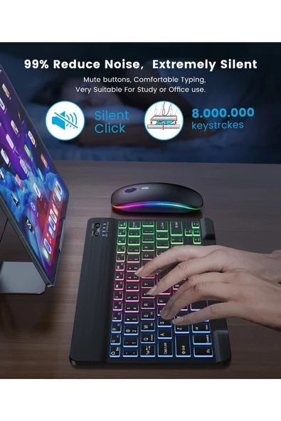 Mini RGB Klavye Ve Mouse Set Tablet Telefon Laptop Uyumlu Bluetooth Destekli Uzun Şarj Süreli - 4