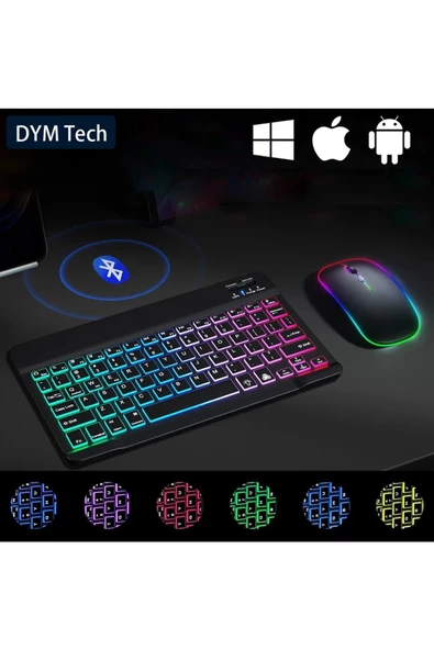 Mini RGB Klavye Ve Mouse Set Tablet Telefon Laptop Uyumlu Bluetooth Destekli Uzun Şarj Süreli - 2
