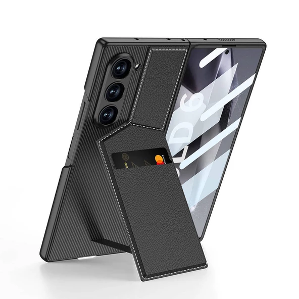 Samsung  Galaxy Z Fold 6 Kılıf Karbon Fiber Deri Kartlıklı  Kıpta Dik Açılan Kartlıklı Kapak