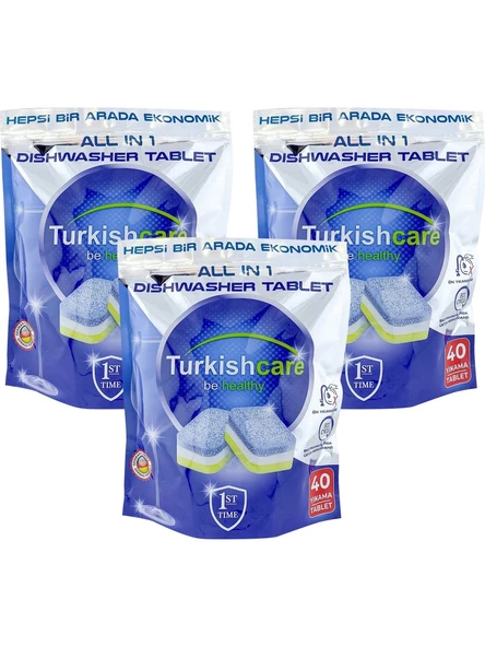 Turkishcare Hepsi 1 Arada 40 Lı Bulaşık Makinası Tableti x 3 Paket (120 Tablet)