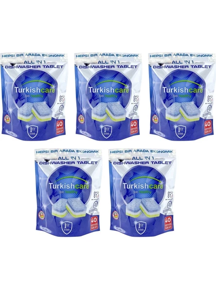 Turkishcare Hepsi 1 Arada 40 Lı Bulaşık Makinası Tableti x 5 Paket (200 Tablet)