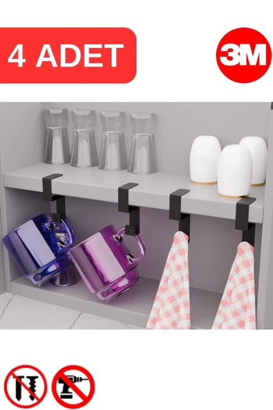 Risingmaber Siyah Metal Yapışkanlı 4lü Askılık, Yapışkanlı Kanca, Mutfak Banyo Havluluk ve Organizer MT108S