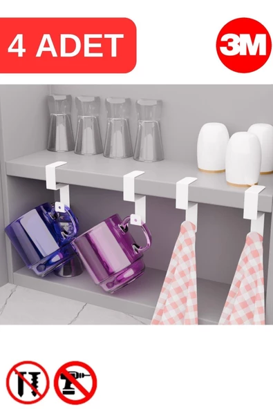 Risingmaber Beyaz Metal Yapışkanlı 4lü Askılık, Yapışkanlı Kanca, Mutfak Banyo Havluluk ve Organizer MT108B