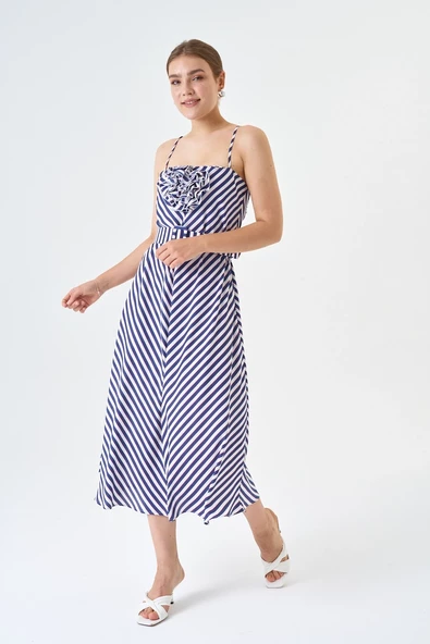 Modatalika Yeni Sezon Askılı Gül Ve Kemer Detaylı Çizgili Elbise - Resim 4