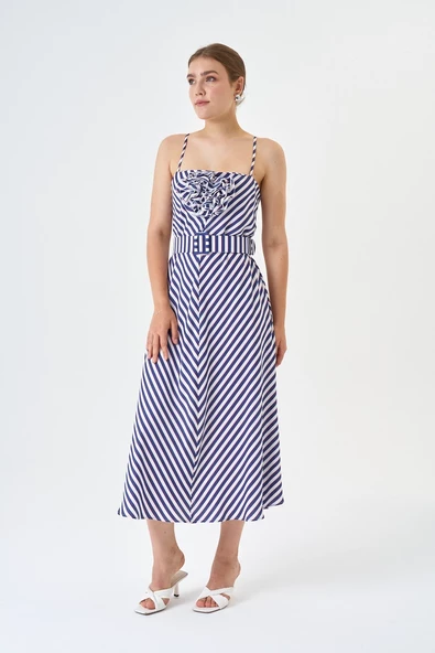 Modatalika Yeni Sezon Askılı Gül Ve Kemer Detaylı Çizgili Elbise - Resim 3