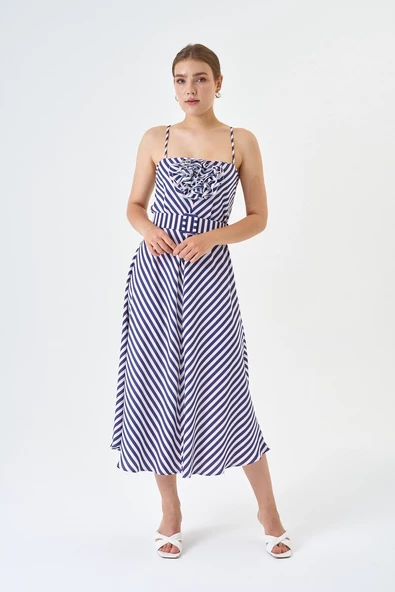 Modatalika Yeni Sezon Askılı Gül Ve Kemer Detaylı Çizgili Elbise - Resim 6