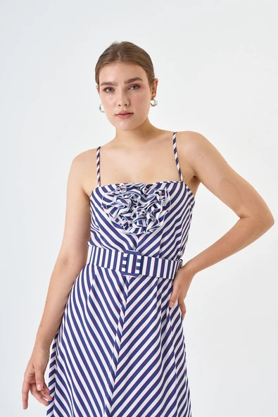 Modatalika Yeni Sezon Askılı Gül Ve Kemer Detaylı Çizgili Elbise - Resim 8