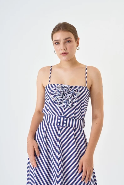 Modatalika Yeni Sezon Askılı Gül Ve Kemer Detaylı Çizgili Elbise - Resim 9