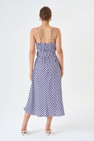 Modatalika Yeni Sezon Askılı Gül Ve Kemer Detaylı Çizgili Elbise - Resim 7