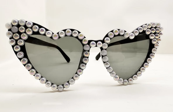 Siyah Renk İncili Kalp Şekilli Gelin Gözlüğü Bride Gözlüğü - Resim 2