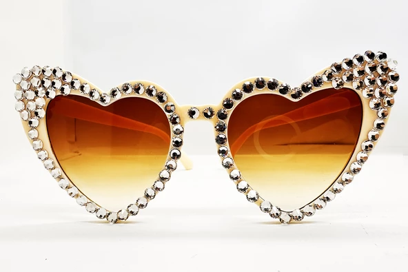 Krem Renk Taşlı Kalp Şekilli Gelin Gözlüğü Bride Gözlüğü ürün görseli 1