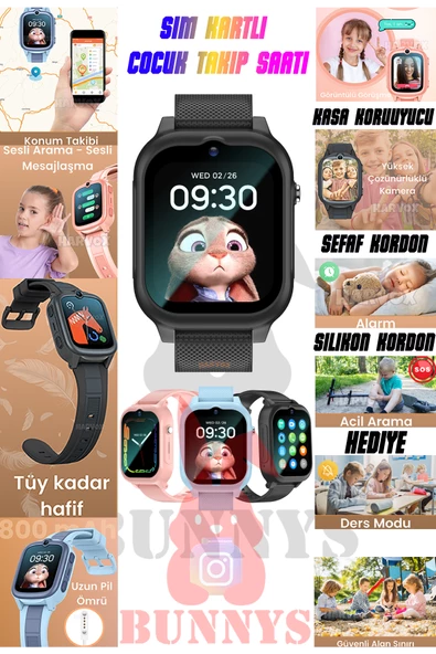 Bunnys   Sim Kartlı Akıllı Çocuk Takip Saati 4G Arama Konuşma Özellikli Konum Takibi HEDİYELİ - 1