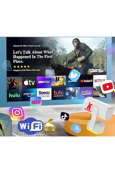 RABBİT STORE   Taşınabilir Şarjlı 4K Destekli 1080P Android Sistemli Projeksiyon Cihazı