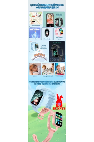 Bunnys   Sim Kartlı Akıllı Çocuk Takip Saati 4G Arama Konuşma Özellikli Konum Takibi HEDİYELİ - 3