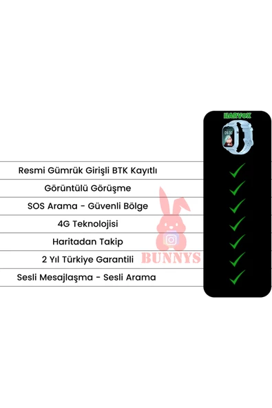 Bunnys   Sim Kartlı Akıllı Çocuk Takip Saati 4G Arama Konuşma Özellikli Konum Takibi HEDİYELİ - 5