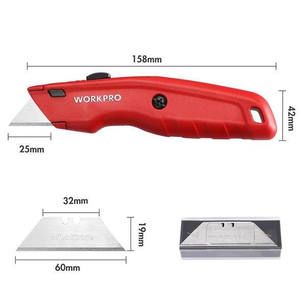 WORKPRO WP213017 Ağır Hizmet Alüminyum Gövde Geri Çekilebilir Rötuş Maket Bıçağı + 3 Adet Yedek Bıçak - Resim 4
