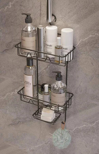 Karen Banyo Düzenleyici Raf 2 Katlı Siyah Askılı Kancalı Sabunluklu Duş Rafı Organizer SB563-B - 2