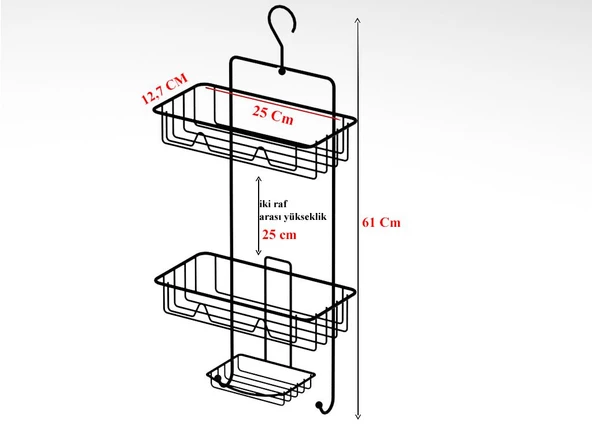 Karen Banyo Düzenleyici Raf 2 Katlı Siyah Askılı Kancalı Sabunluklu Duş Rafı Organizer SB563-B - 3