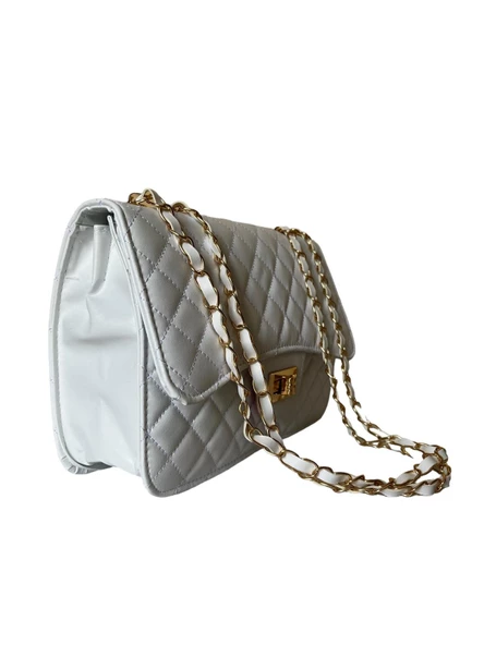 Zarif ve Trendy Gold Altın Renkli Zincirli Baklava Desenli Askılı Çanta - 8