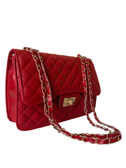 Zarif ve Trendy Gold Altın Renkli Zincirli Baklava Desenli Askılı Çanta - 6