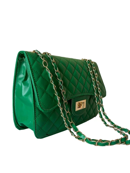 Zarif ve Trendy Gold Altın Renkli Zincirli Baklava Desenli Askılı Çanta - 11