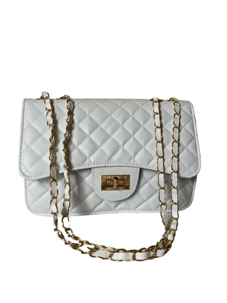 Zarif ve Trendy Gold Altın Renkli Zincirli Baklava Desenli Askılı Çanta - 2