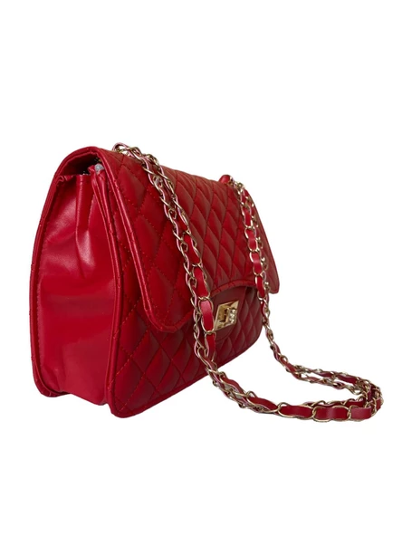 Zarif ve Trendy Gold Altın Renkli Zincirli Baklava Desenli Askılı Çanta - 12