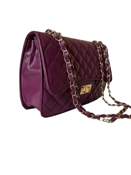 Zarif ve Trendy Gold Altın Renkli Zincirli Baklava Desenli Askılı Çanta - 10