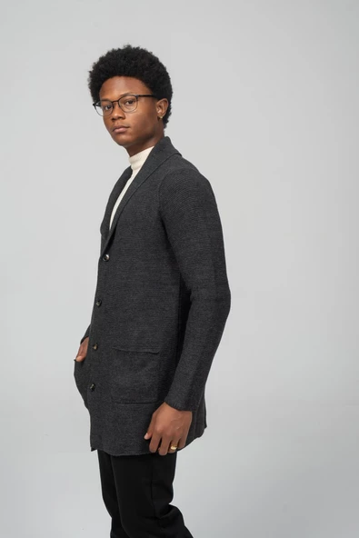 Erkek Regular Fit Düğmeli Cepli Örme Uzun Triko Hırka - 12