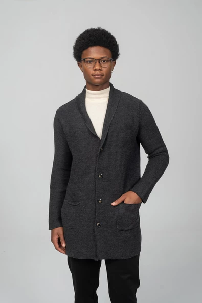 Erkek Regular Fit Düğmeli Cepli Örme Uzun Triko Hırka - 11