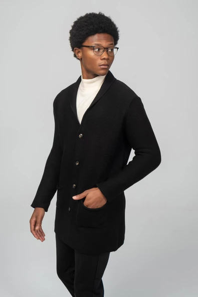 Erkek Regular Fit Düğmeli Cepli Örme Uzun Triko Hırka - 3