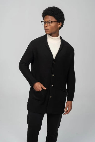 Erkek Regular Fit Düğmeli Cepli Örme Uzun Triko Hırka - 2