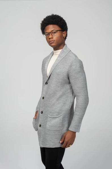 Erkek Regular Fit Düğmeli Cepli Örme Uzun Triko Hırka - 8